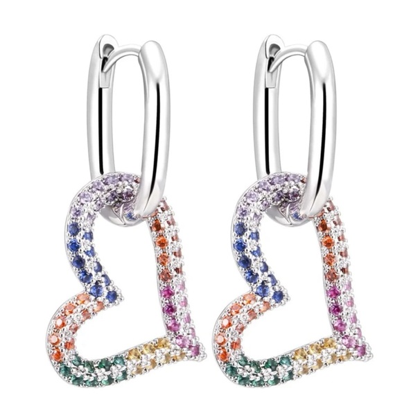 Jewelry - Silver & Rainbow Rhinestone Heart Dangle Earrings